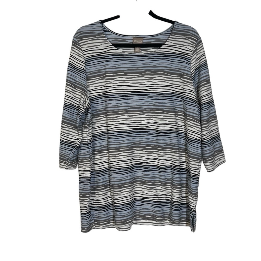 Chico’s Striped Blouse Textured Blue White Black 3/4 Sleeve Size XL 3